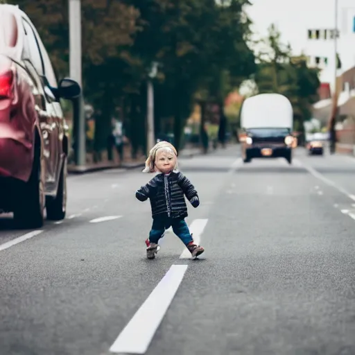 Image similar to photo of a toddler walking in the middle of traffic