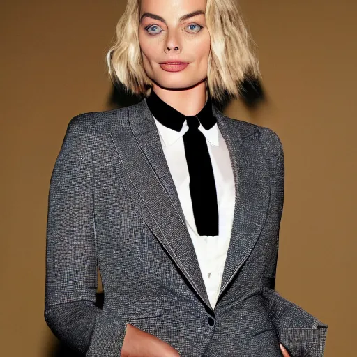 Image similar to margot robbie with a mustache, pimp suit and cane