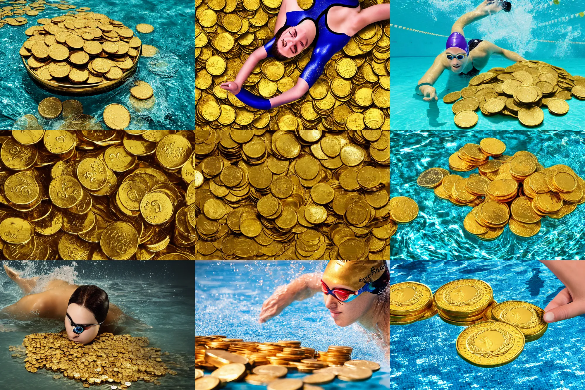 Prompt: a professional swimmer swimming in gold coins, realistic, 4 k, photograph