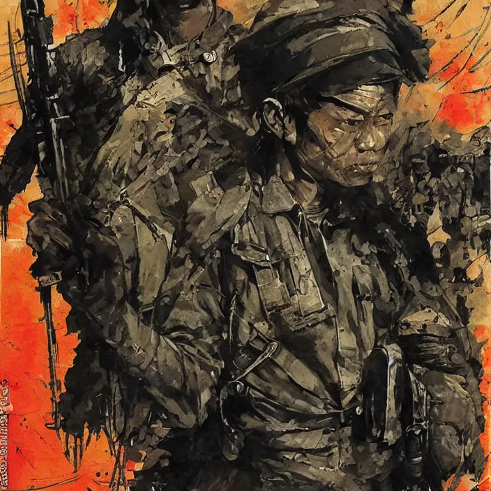 Image similar to burmese pdf soldier, painting, by greg ruthowski, yoshikata amano, yoji shinkawa, alphonse murac, collaborative artwork, beautifully drawn, heavily detailed