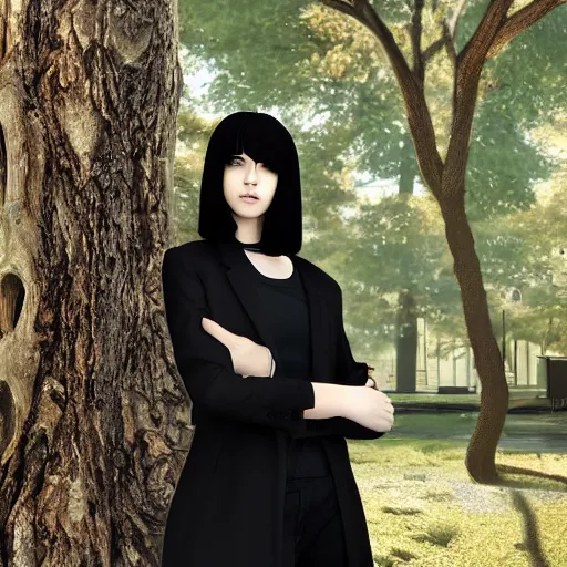 Image similar to 1 7 - year - old pale - skinned persian girl with black long bob cut, long bangs, black gothic jacket, black jeans, psychic girl, standing under treehouse in city plaza, urban plaza, treehouse hotel, large tree, ultra - realistic, sharp details, subsurface scattering, blue sunshine, intricate details, hd anime, 2 0 1 9 anime