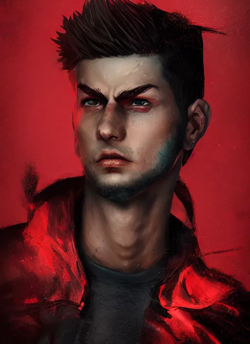 Image similar to An epic fantasy comic book style portrait painting of a young man with black and red cowlick undercut haircut, wearing a red shirt, black overcoat, blue jeans. Unreal 5, DAZ, hyperrealistic, octane render, cosplay, RPG portrait, dynamic lighting