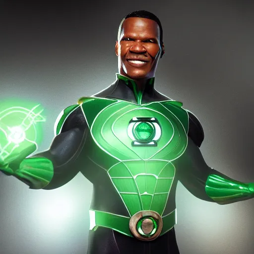 Image similar to A photo of green lantern performer by Jamie Foxx, Octane render, highly detailed, Movie CGI, hyper-realistic, 8K