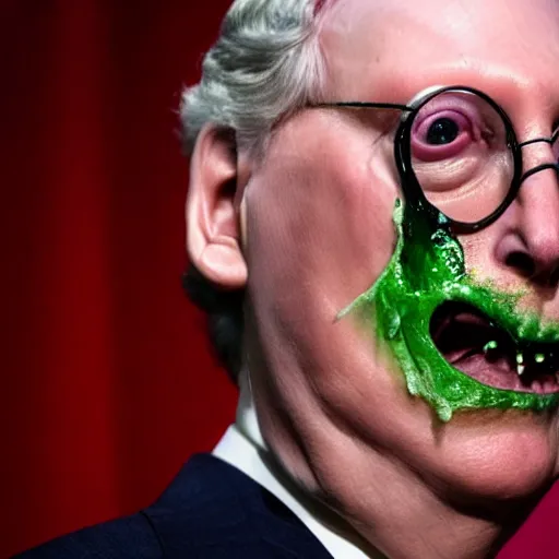 Image similar to the melting slimy face of villain mitch mcconnell horror flesh monster. horror film production photograph.