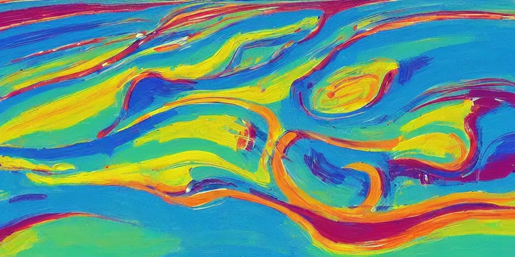 Image similar to Psychedelic sci-fi dreamworld. Landscape painting. Organic. Winding rushing water. Waves. Clouds. Wayne Thiebaud. Peter Max.