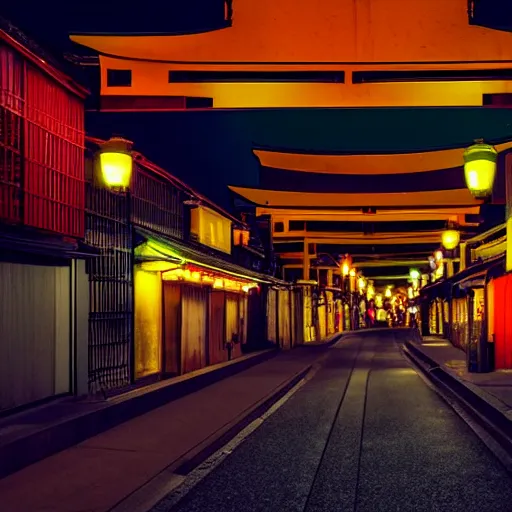 Image similar to photograph of kyoto street at night, bright street lamps, lens flare