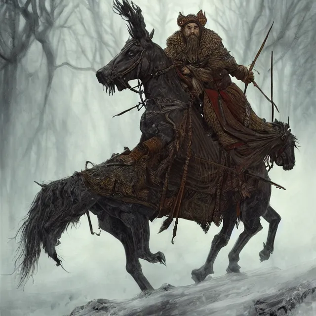 Image similar to tsarevitch ivan on grey wolf, slavic folk fairytale, story, fable, dramatic, fantasy art, an ultrafine detailed painting, academic art, ornate, inticate, elegant, sharp focus, artstation, by pavel korin, viktor vasnetsov