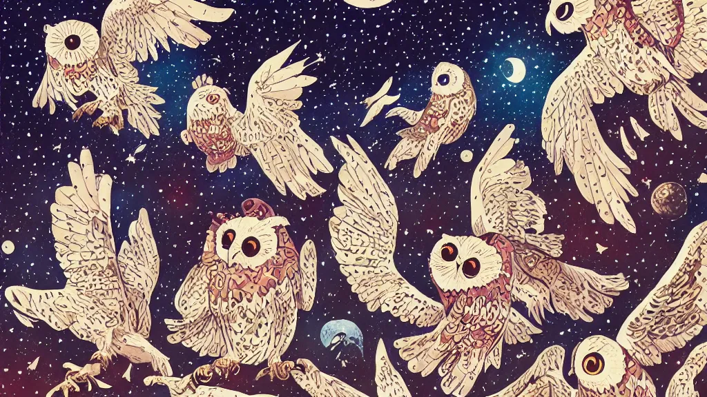 Prompt: very detailed, ilya kuvshinov, mcbess, rutkowski, watercolor quilt illustration of owls flying at night, stars, colorful, deep shadows, astrophotography, highly detailed