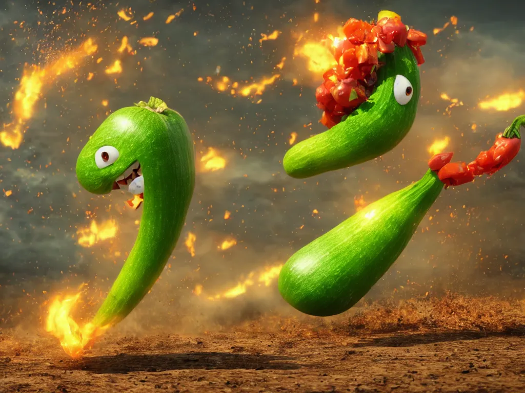 Prompt: detailed 3 d render of a raging zucchini character with burning scissors running on dirt road, scared tomates scattered everywhere, high speed action, explosions, dramatic scene, hyper realistic octane render, cinematic lighting, splatter, deviantart, black sky, lowbrow, frame from pixar movie