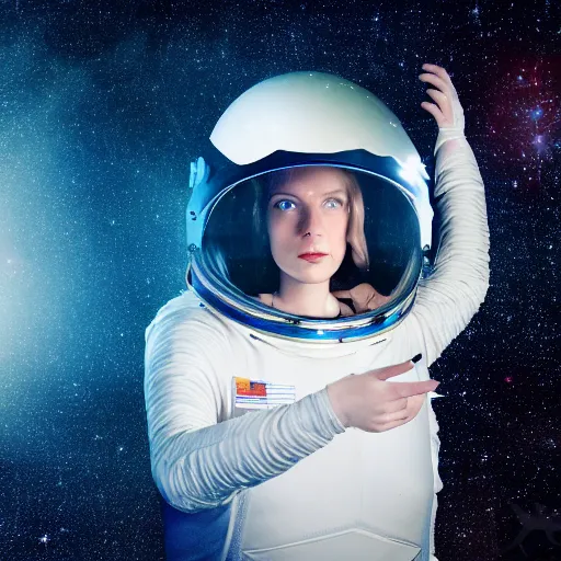 Prompt: portrait photography of a young woman astronaut with helmet, looking at the stars, full upper body, 1 9 3 0's style. retro vintage. rembrandt light. depth of field. lens flare. moody. realistic blue eyes. muted colors