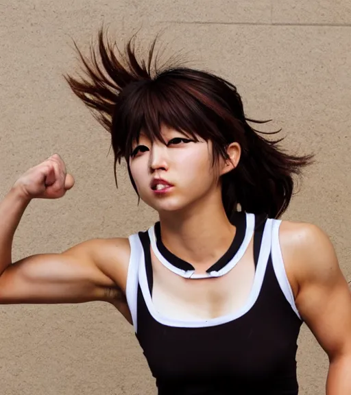 Image similar to an action photoshoot of akane owari, akane owari danganronpa, a toned japanese woman with dark tanned skin and wild wavy brown hair in a bob, hazel eyes, angular features, athletic body, buff, athletic fashion photography, sparring, dynamic pose, young and beautiful, white tank top, magazine cover, japanese facial features, full of energy