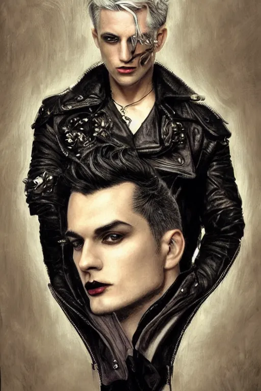 Image similar to a handsome man, short white hair, goth, intricate, elegant, dramatic lighting, gorgeous face, black leather jacket, highly detailed, lifelike, photorealistic, digital painting, artstation, illustration, concept art, smooth, sharp focus, art by John Collier and Albert Aublet and Krenz Cushart and Artem Demura and Alphonse Mucha