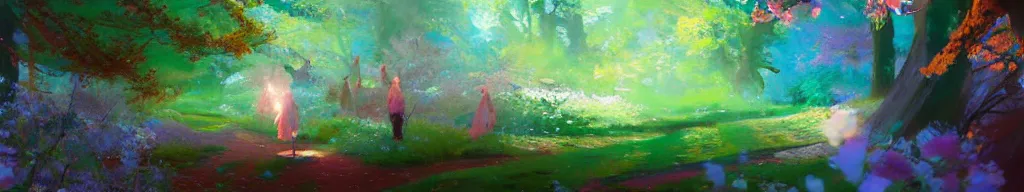 Image similar to spiritual journey through an infinite glowing colorful magical forest, sakura trees, sakura season dynamic lighting, landscape, artwork by jeremy lipkin and giuseppe dangelico pino and michael garmash and rob rey and greg manchess and huang guangjian and makoto shinkai, pixiv, 1 0 0 mm