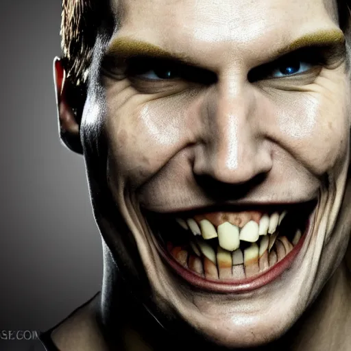 Image similar to Jerma985 with a wide smile, sinister looking, evil intent, horror, uncanny, detailed, high resolution, sharpened, close-up, professional photography, studio lighting, hyperrealistic, real life