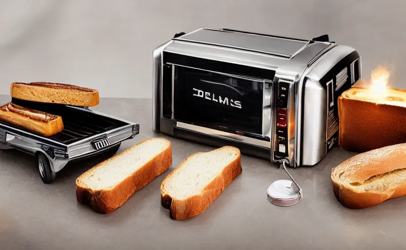 Image similar to a time-traveling delorean styled toaster with toast, bread inserted into slot, glowing heating coils, stainless steel, professional product shot, magazine ad