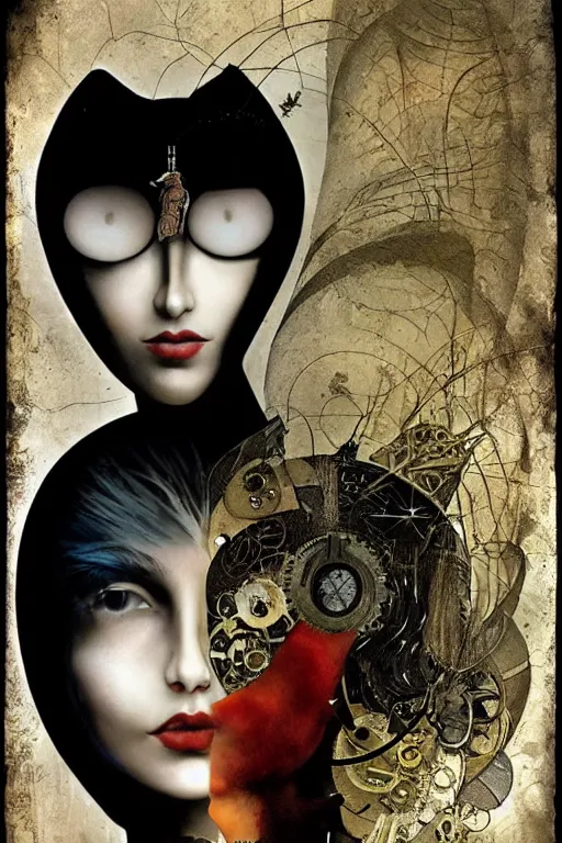 Prompt: Collage art combines a beautiful woman with a symmetrical face with a moon, cat and heart,surreal, beautiful,steampunk style dave mckean , beautiful and creepy , silkscreen, textures, epic composition, golden ratio, high quality printing,