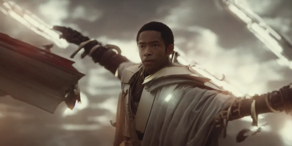 Image similar to a film still of a light skinned black man starring as an ancient samurai flying in a futuristic spacecraft, japanese blockbuster film, the sky is red, shallow depth of field, cinematic, award winning cgi, vfx, film still