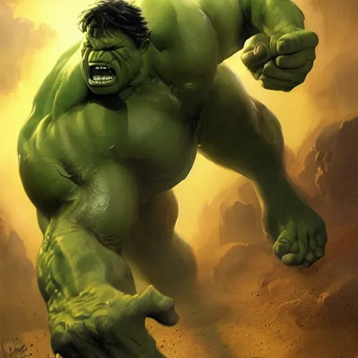 Image similar to incredible hulk painted by angel medina, greg rutkowski, john howe, wlop, loish