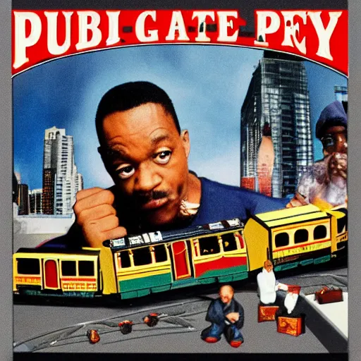 Prompt: album cover for public enemy playing with a toy train set eating hamburgers