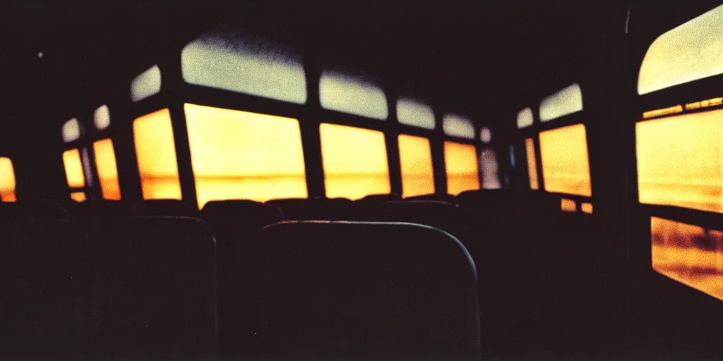 Image similar to greyhound bus interior, sunset, eerie vibe, leica, 2 4 mm lens, cinematic screenshot from the 2 0 0 1 film directed by charlie kaufman, kodak color film stock, f / 2 2, 2 4 mm wide angle anamorphic