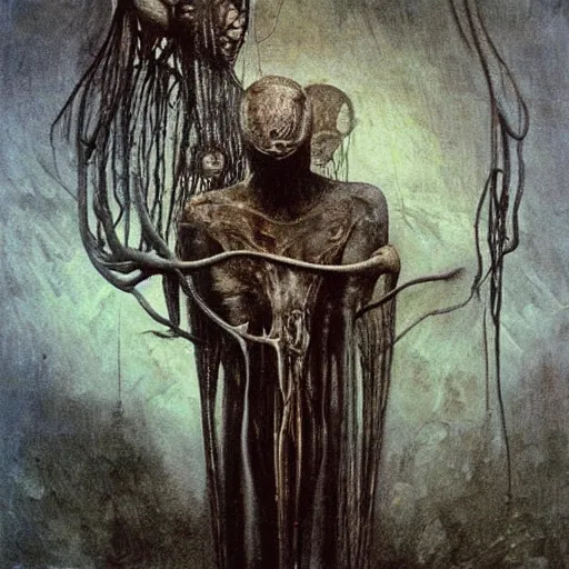 Image similar to a painting by beksinski, Giger, and Caravaggio