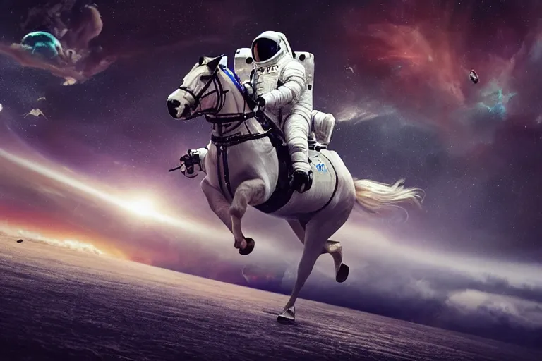 Image similar to an astronaut riding the fastest horse in a race, cinematic imax shot, retro, hyper detailed, windy mane, motion still