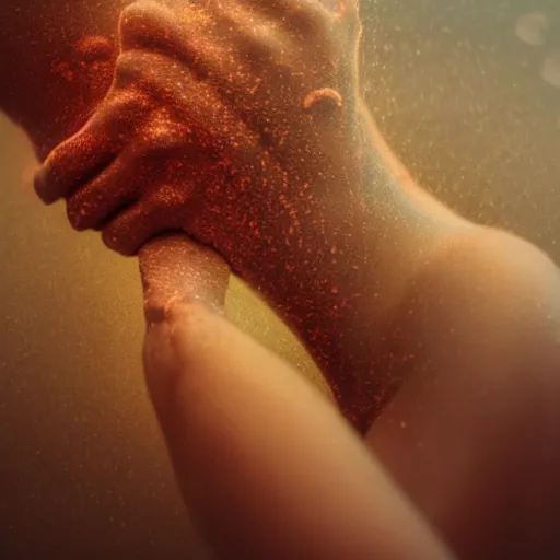 Image similar to a blurry closeup picture of woman's skin gripped tightly, female bodies, hands, dripping wet, no face, macro photography, long exposure photograph, surrealism, anamorphic bokeh, cozy, soft light, cyan and orange, caustic, atmospheric fog, octane render, cinematic