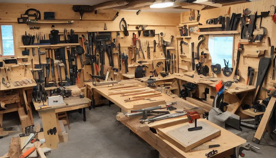 Image similar to A wood workers workshop with a lot of tools