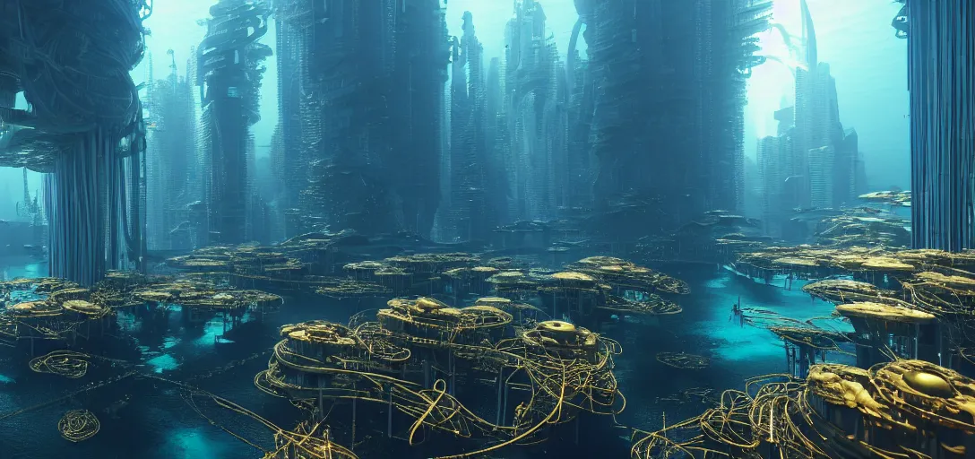 Image similar to cyberpunk civilization underwater built with shinny golden buildings by antoni gaudi, bridges and pipe roads by wlop, underwater light rays, bubbles, old kelp forest, corals at flynn reef, national geographic, rule of thirds, octane render sidefx isotropix nvidia omniverse materialx osl redshift arnold unreal engine, hyper detailed, sharp focus