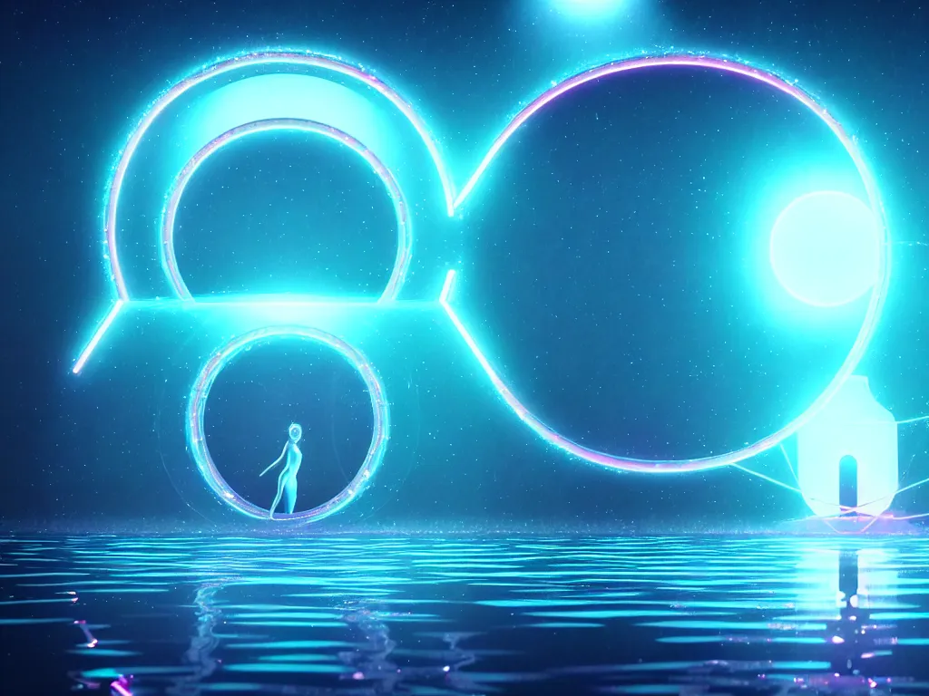 Prompt: beautiful artdeco digital illustration of one beautiful magical gleaming holographic portal to another world, in a lake, opening under the water, magical, ethereal, sci - fi, art, 8 k render octane high definition