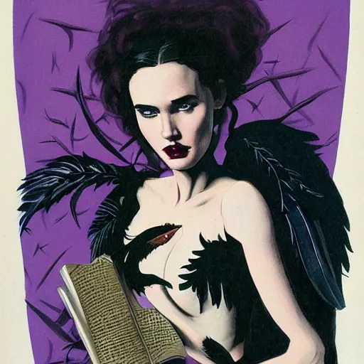 Prompt: young jennifer connelly as odile, gothic dark fae disney villain with black feathers instead of hair, wearing black and purple jumpsuit, zero g, reading a book, feathers growing out of skin, pulp sci fi, mike mignola, david mack, romantic, comic book cover, vivid, beautiful, illustration, highly detailed, oil painting