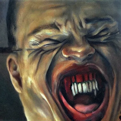 Prompt: a screaming prisoner holding prison bars, realism old painting, oil painting