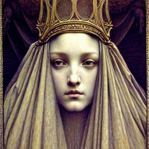 Image similar to detailed realistic beautiful young medieval queen face portrait by jean delville, gustave dore and marco mazzoni, art nouveau, symbolist, visionary, gothic, pre - raphaelite. horizontal symmetry