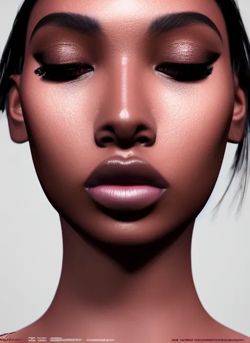 Prompt: beautiful female, pigment, attractive facial features, brown skin, haze, model, intricate, symmetrical face, makeup, sephora, maybelline, studio, reflections, cinematic, filmic, vsco, concept art, artstation, elegant, model, gorgeous, vray, flim, octane render, ambient occlusion, prism details