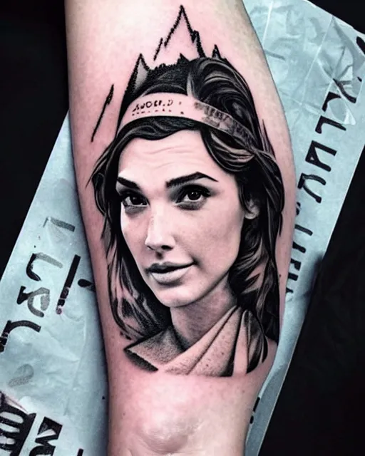 Image similar to creative double exposure effect tattoo design sketch of beautiful gal gadot faded with beautiful mountain scenery, realism tattoo, in the style of matteo pasqualin, amazing detail, sharp