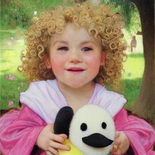 Image similar to a beautiful smiling little [[[[[[[[blonde toddler]]]]]]]]] girl with short loosely curly hair, at the park on a beautiful day, holding a round all-pink stuffed penguin, by Artgerm, Mucha Klimt, Hiroshi Yoshida and Craig Mullins, featured on Artstation, CGSociety, Behance HD, Deviantart