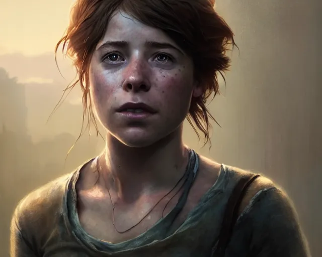 Image similar to highly detailed portrait of jessie buckley, in the last of us, stephen bliss, unreal engine, fantasy art by greg rutkowski, loish, rhads, ferdinand knab, makoto shinkai and lois van baarle, ilya kuvshinov, rossdraws, tom bagshaw, global illumination, radiant light, detailed and intricate environment