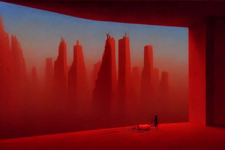 Image similar to only with red, red god of death eat apple, a futuristic city on mars in the background, red worms on the floor, in the style of beksinski, part by hopper, part by rodcenko, part by hofbauer, intricate composition, red by caravaggio, insanely quality, highly detailed, masterpiece, red light, artstation, 8 k