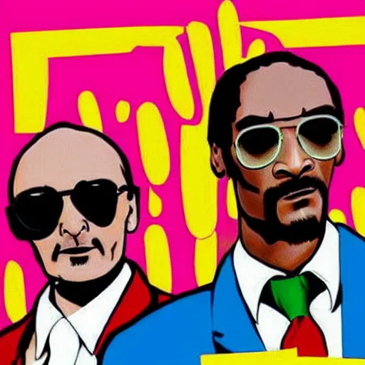 Image similar to 90s style pop art of Phil Collins and Snoop Dogg standing next to each other in the background of never gonna give you up song