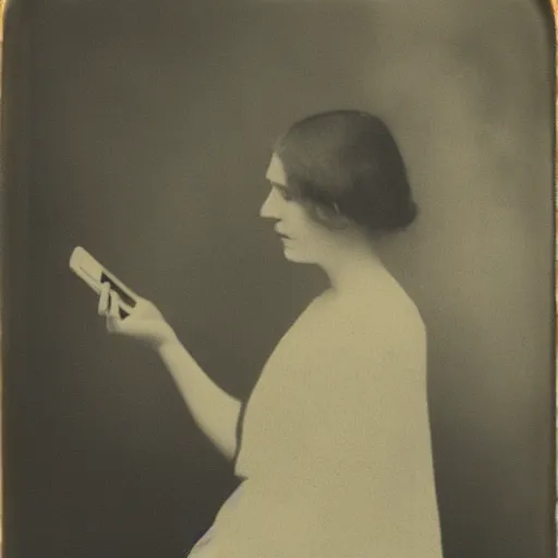 Image similar to Woman in 1910 using an iPhone, daguerreotype photo, HD