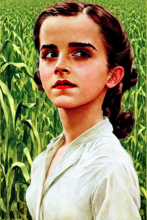 Prompt: Emma Watson in a corn field 1950s portrait by Norman Rockwell