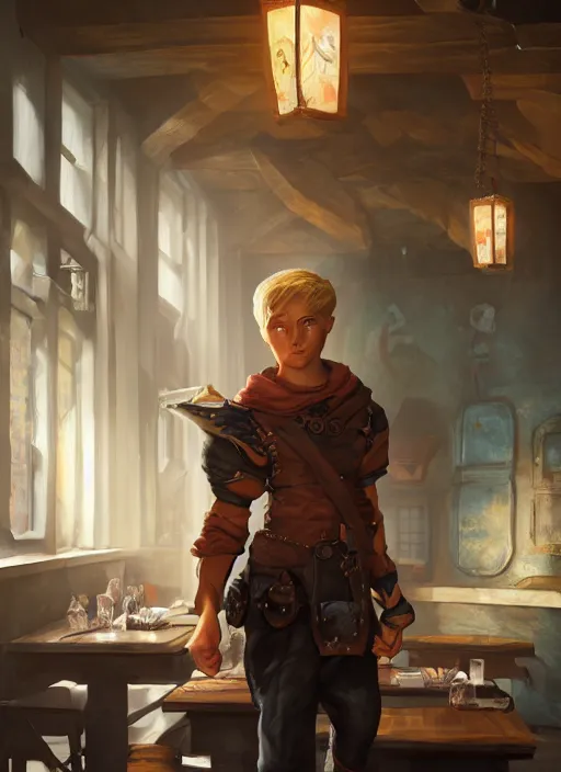 Prompt: An epic fantasy comic book style portrait painting of a young blonde boy thief in a tavern, unreal 5, DAZ, hyperrealistic, octane render, cosplay, RPG portrait, dynamic lighting