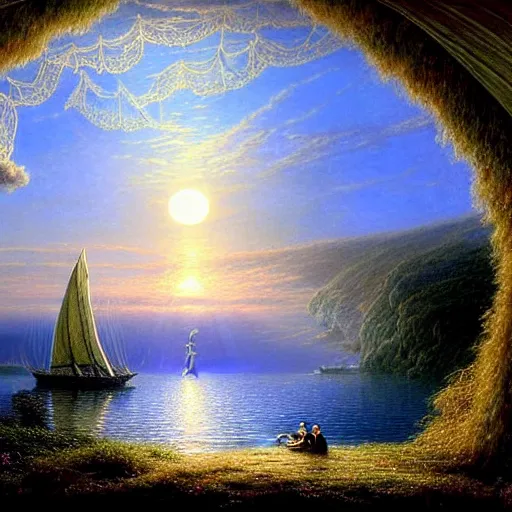 Prompt: an elegant fairy queen in a blue lace dress dancing looking out at a lord of the rings scenery landscape, staring across the sea at a white timber sail boat, sunrise, god's rays highly detailed, vivid colour, soft clouds, full moon, cinematic lighting, perfect composition, gustave dore, derek zabrocki, greg rutkowski, belsinski