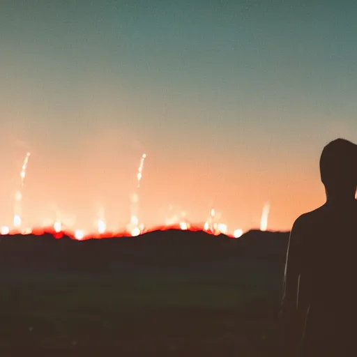 Prompt: Film still. Silhouette of young man. From behind. At night. Hills in the distance. Red fireworks in the sky. Cinematic lighting.