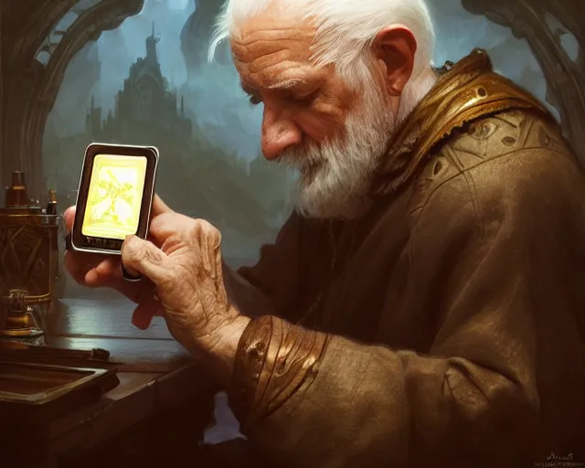 Image similar to photography of an old man trying to use an ipod, deep focus, d & d, fantasy, intricate, elegant, highly detailed, digital painting, artstation, concept art, matte, sharp focus, illustration, hearthstone, art by artgerm and greg rutkowski and alphonse mucha