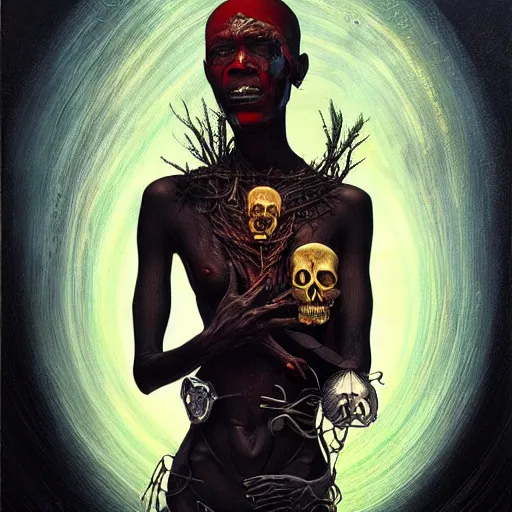 Image similar to a death tarot featuring an african shaman in a cyberpunk voodoo style by anton semenov and android jones, oil on canvas