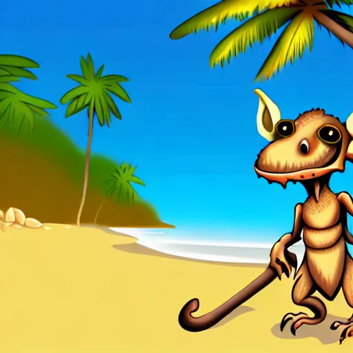 Image similar to Cute Kobold wearing caveman clothes at a beach, digital art