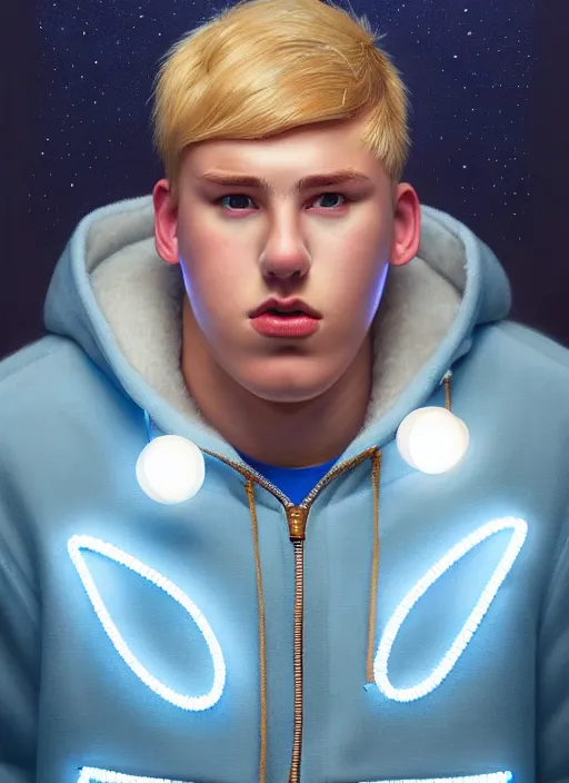 Image similar to portrait of high school senior boy named big moose, blonde short hair, jock, beefy, wide face, square jaw, square facial structure, blue varsity jacket with letter r, intricate, elegant, glowing lights, highly detailed, digital painting, artstation, concept art, sharp focus, illustration, art by wlop, mars ravelo and greg rutkowski