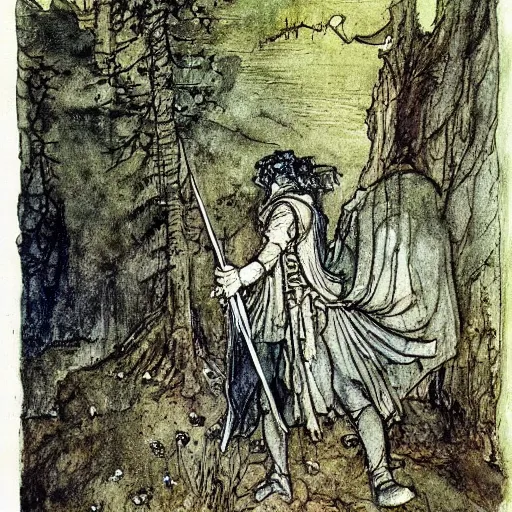 Prompt: The Green Knight, illustrated by Arthur Rackham, watercolour, romanticist, Arthurian