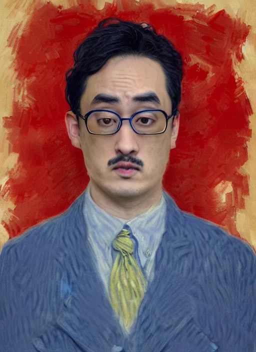 Image similar to Filthy Frank wearing blue dirty spaghetti stained dress shirt, rule of thirds, accurately portrayed, portrait art by Claude Monet, highly detailed, digital painting, concept art, illustration, imperial Japanese flag background, trending on artstation, very detailed, smooth, sharp focus, octane render, close up